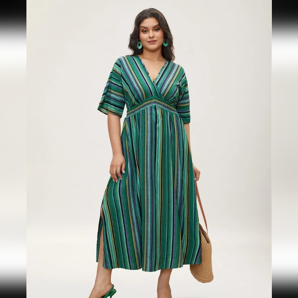 BloomChic Green Striped Midi Dress Side Slits With Pockets